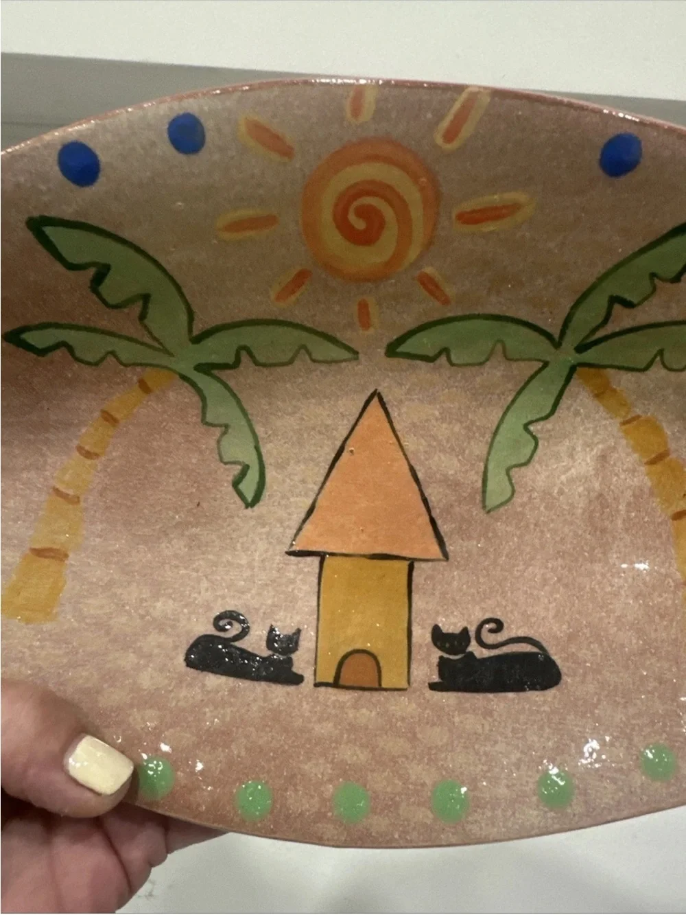 Hand Painted Oblong Pottery Dish Sun Palm Trees Cats Folk Art